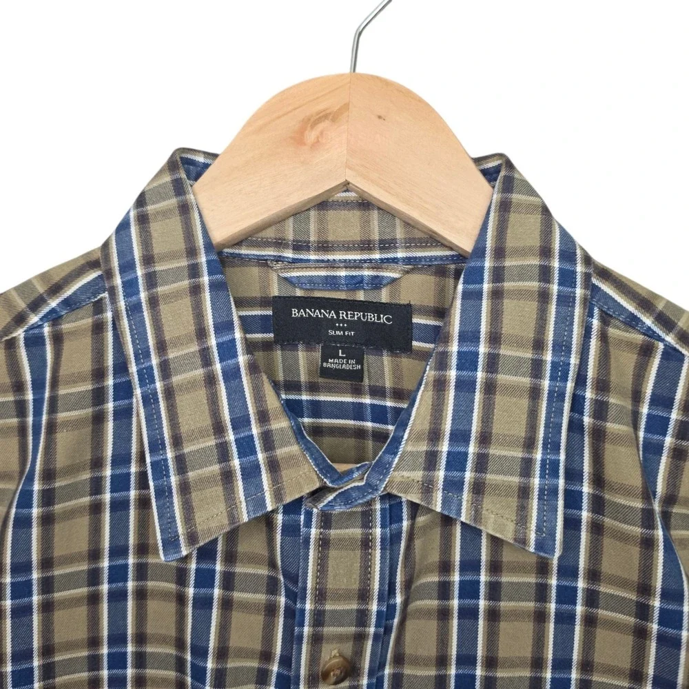 Banana Republic Shirt Mens‎ Large Blue Plaid Button Up Slim Fit Long Sleeve